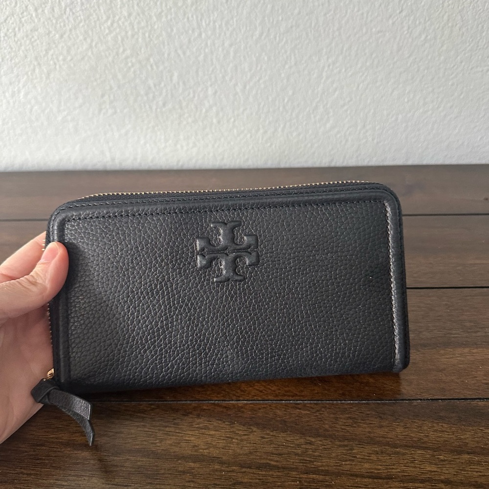 Tory Burch Black Pebbled Leather Zip-Around Wallet